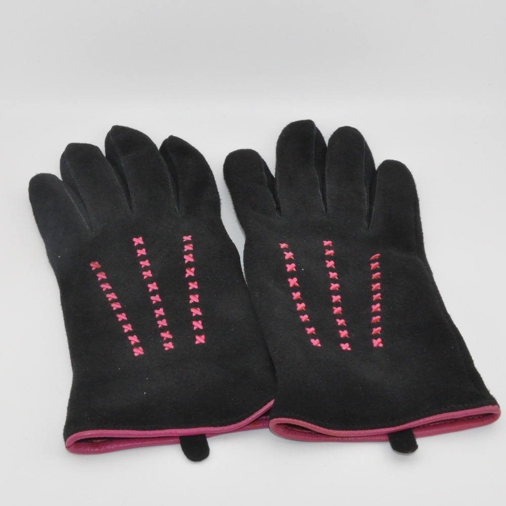Deerskin Suede Gloves 7.5 Black Pink Embroidered Vintage Style